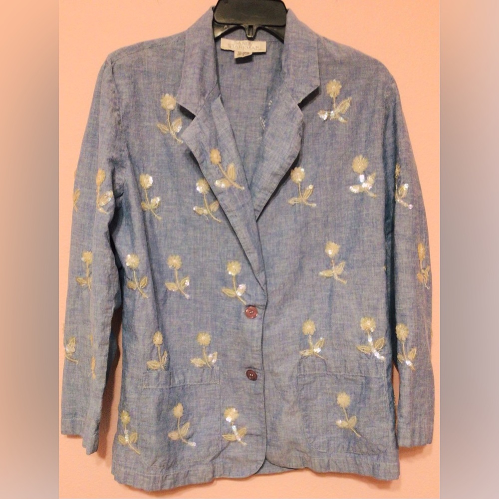 Vintage Susan Starkman lightweight denim flower sequin 2 button jacket medium